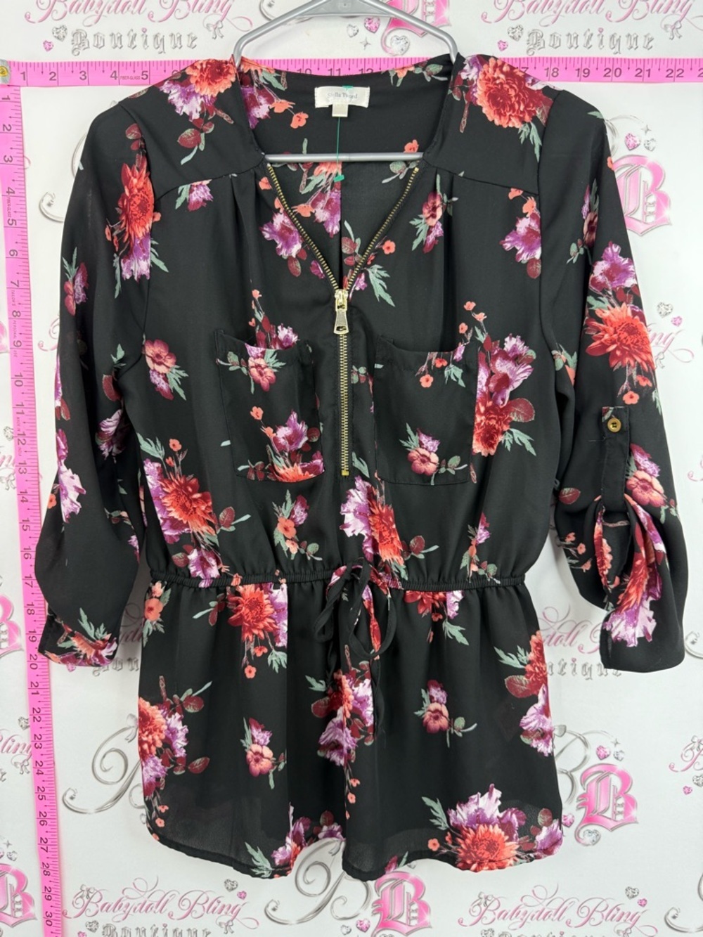 Stella Tweed blouse shirt, flowers zip up, Black Floral Zip-Front Blouse